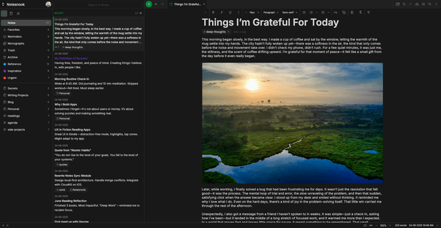 Screenshot of Notesnook web app showing a list of notes with 1 note open.